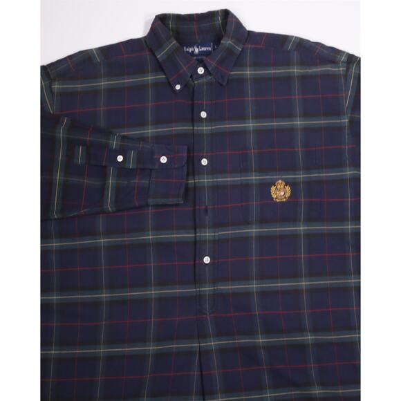 Polo Ralph Lauren Mens Vintage Blue Green Plaid Crest Logo Popover Shirt Large - Picture 1 of 6